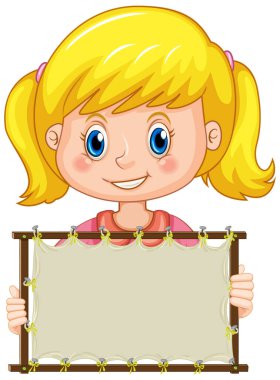 Beyaz arkaplan illüstrasyonunda sevimli bir kızla boş işaret şablonu