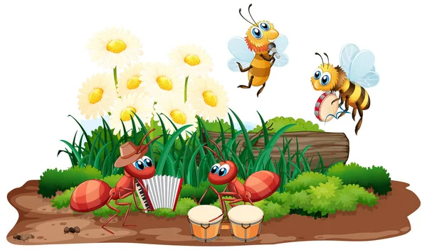 Banda Musical Insectos Tocando Naturaleza Ilustración — Vector de stock