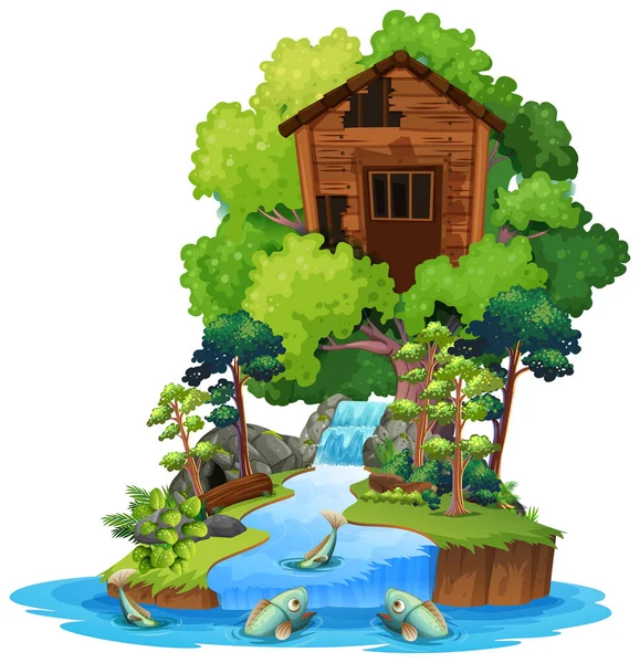 Old Wooden Tree House Island Illustration — Stock Vector