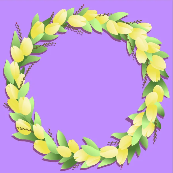 Kreisrahmen mit gelben Tulpen und Federn — Stockvektor