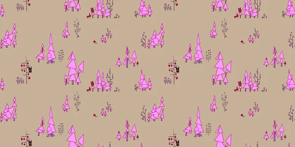 Motif rose pastel sans couture. Forêt de fées avec hiboux et monstre — Image vectorielle