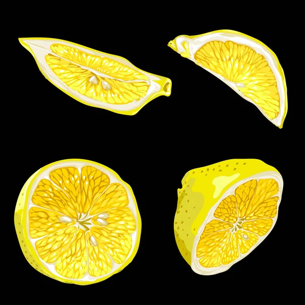 Ajuste con partes de fruta de limón en diferentes formas como rebanadas y — Vector de stock