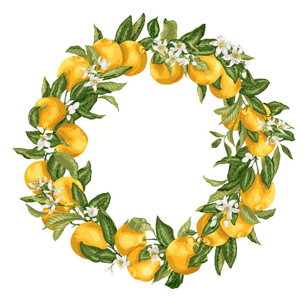 Citrus orange tree ornament wreath with fruits, flowers and leav