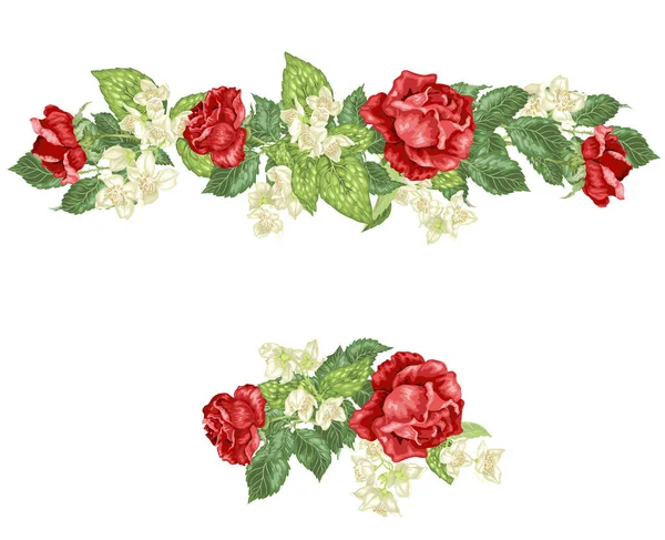 Horizontale Kop Frame Decor Elementen Met Jasmibe Rose Bloemen — Stockvector