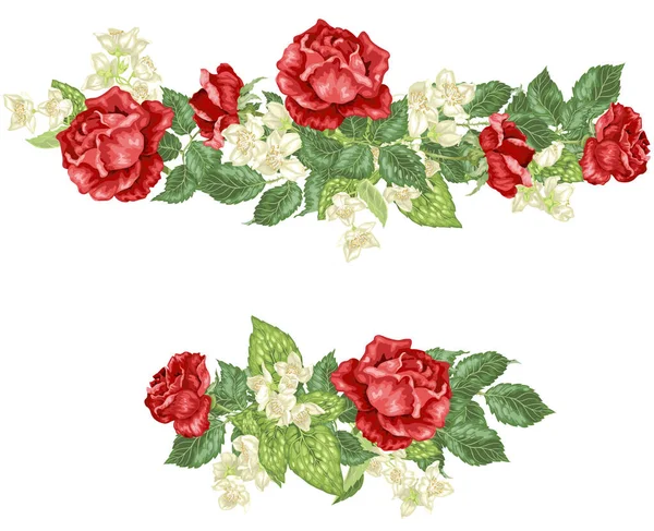 Elementi Decorativi Orizzontali Con Cornice Con Gelsomino Fiori Rosa — Vettoriale Stock