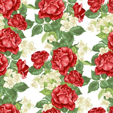 Gül ve yasemin çiçekleriyle vektör grafiğinde kusursuz desen çizimi