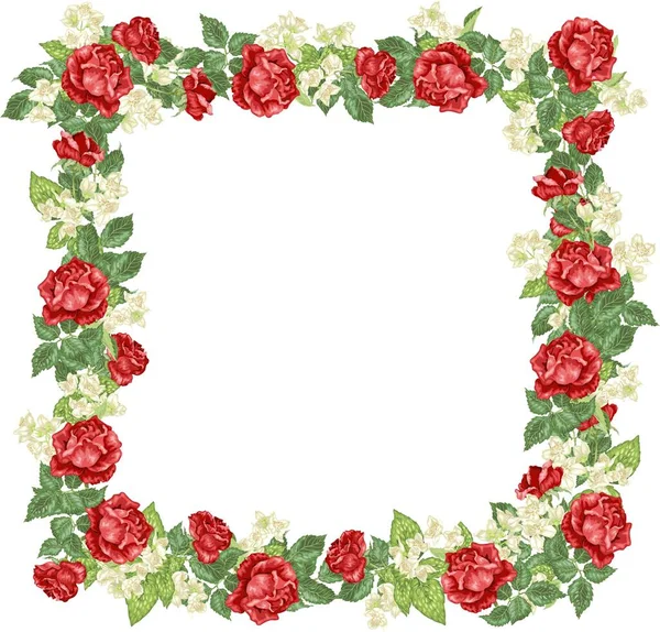 Square Holiday Herbal Frame Flowers Rose Jasmine Vector Illustration — Stock Vector