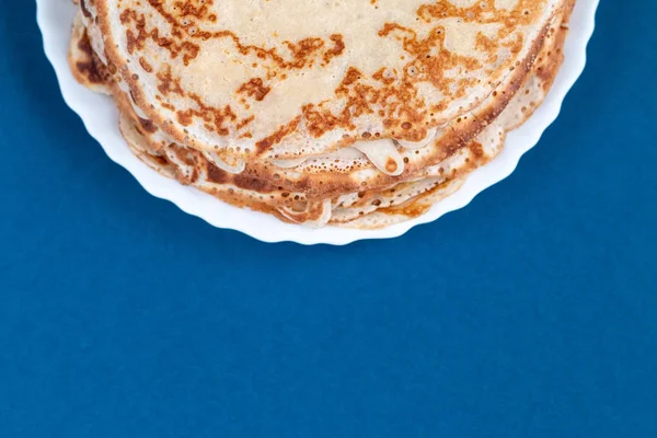 Stack Thin Traditional Delicious Pancakes Plate Isolated Empty Space Text — Stock Photo, Image