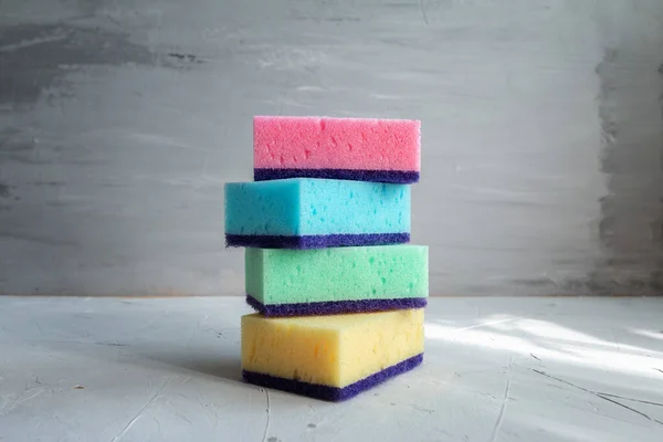 Stack Colored Sponges Washing Dishes Grey Background — Stock Photo, Image