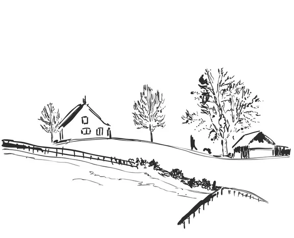 Зимовий пейзаж у горах. Будинок на снігу та дереві Ескіз — стоковий вектор