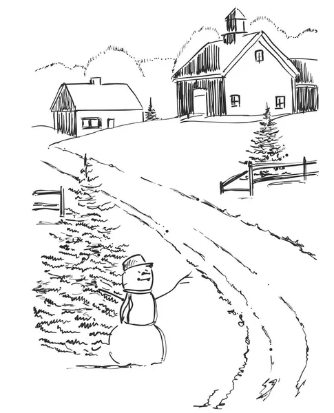 Dibujo gráfico vectorial. Paisaje forestal invernal con abetos cubiertos de nieve. Muñeco de nieve y árbol de Navidad — Vector de stock