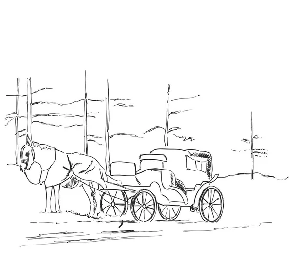 Hand drawndrawn carriage with horses. Landscape sketch — Stock Illustration Hand drawndrawn carriage with horses. Landscape sketch Vector Graphics