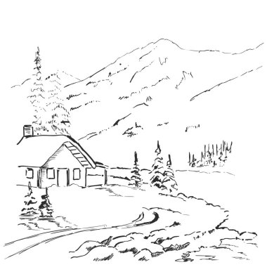 Vektör grafik kroki. Ev ve ağaçları ile kış orman manzara.