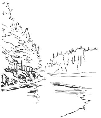 Vektör grafik kroki. Kış orman manzara nehir ve ağaçları ile.