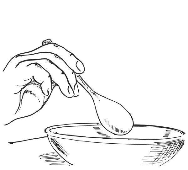 Vector skiss över en skål med soppa. Tillagningen. Blanda skålen med en sked — Stock vektor