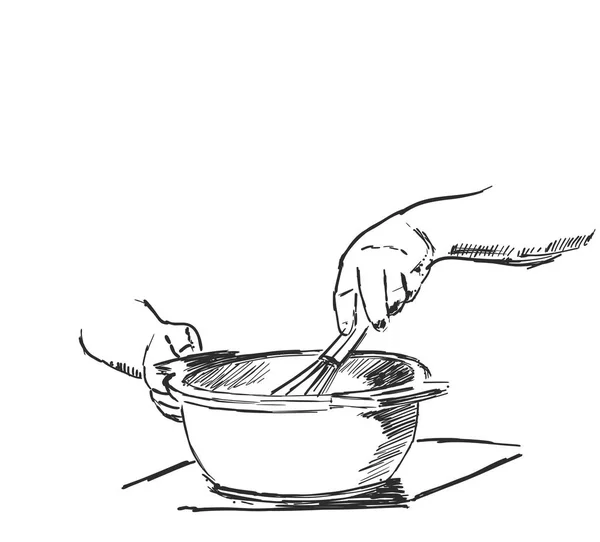 Σκίτσο διάνυσμα. Διαδικασία μαγειρέματος. Ανάμειξη το πιάτο με μια λυγαριά. Χέρι — Διανυσματικό Αρχείο