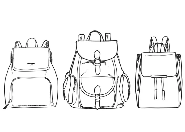 Un conjunto de diferentes tipos de mochilas. Bolsa para viajar — Vector de stock