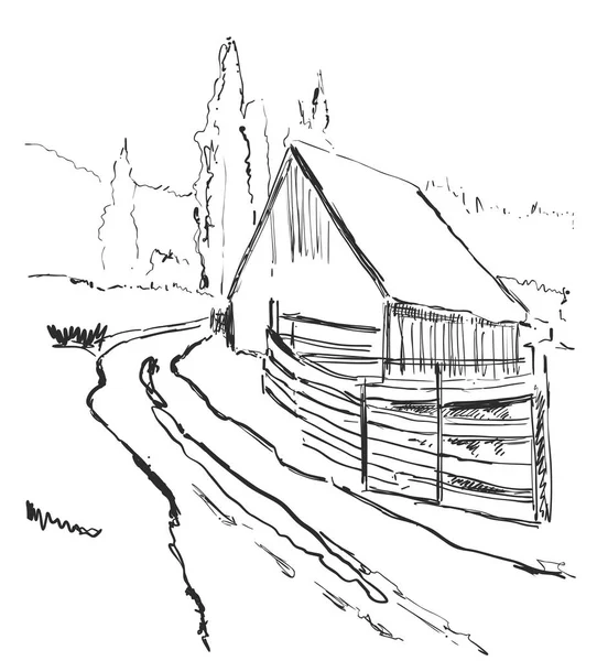 Paysage hivernal dans les montagnes. Une maison dans la neige et un croquis d'arbre — Image vectorielle