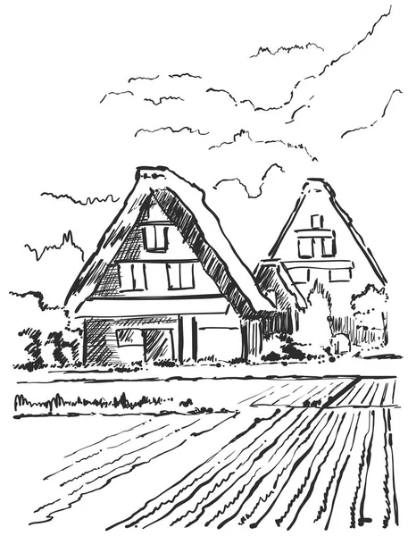 Handgezeichnete Weinbergpflanzen und Haus im Skizzenstil — Stockvektor