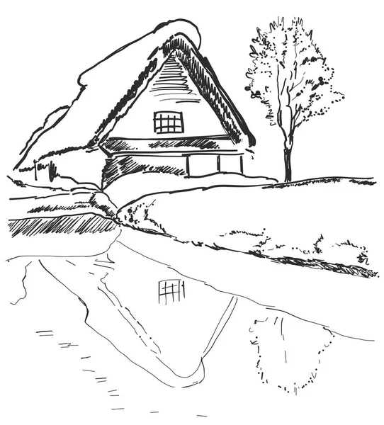 Пагорб, озеро, будинок, дерево. Ландшафтний ескіз. Зображення дзеркала — стоковий вектор