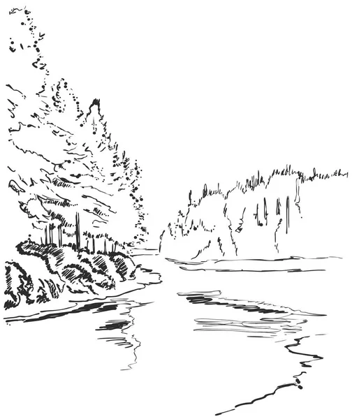 Vektör grafik kroki. Kış orman manzara nehir ve ağaçları ile.