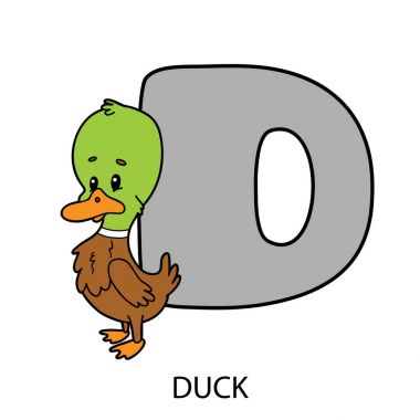 çizgi film alfabe kartı. Çocuklar için çizgi film karakteri ile eğitim alfabe kartı vektör çizim