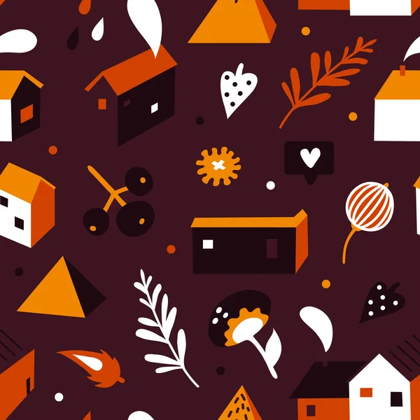 vector seamless background pattern with tiny houses and plants