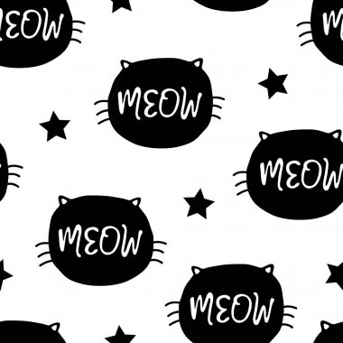 Vektör sorunsuz arka plan deseni ile yavru kedi kafaları ve yıldız
