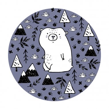 Vektör şirin elle çizilmiş beyaz ayı ve İskandinav tarzı doğal nesne ile yazdırma