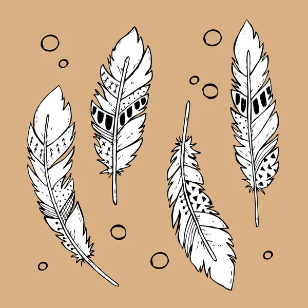 Vector Set Hand Drawn Tribal Feathers — Stock Vector