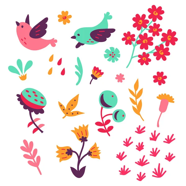 Vector Collection Bird Bloom Elements — Stock Vector