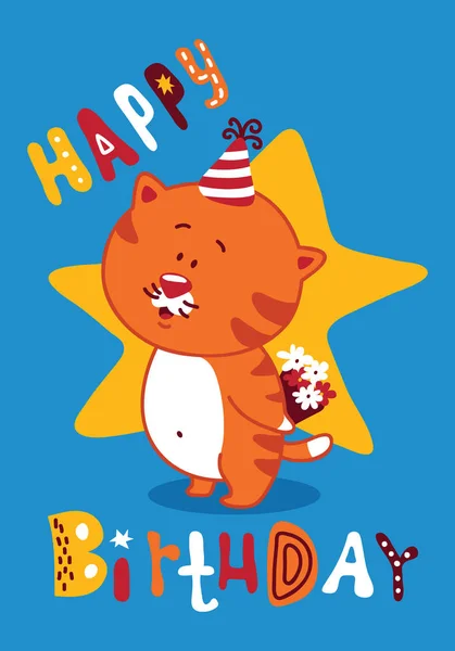 Vector Illustration Cute Cat Flowers Happy Birthday Card — Stock Vector