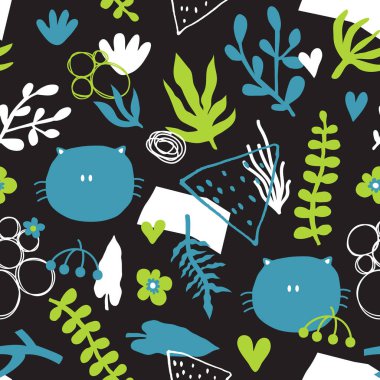 Kediler ve çiçekler vektör sorunsuz arka plan deseni el ile çizilmiş