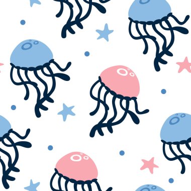 vektör sorunsuz arka plan deseni ile komik bebek jellyfishes için kumaş, tekstil