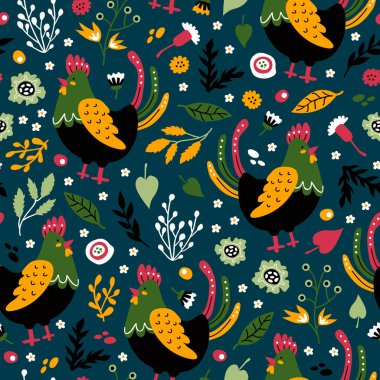 vektör sorunsuz arka plan deseni için kumaş, komik halk Horozları ile tekstil