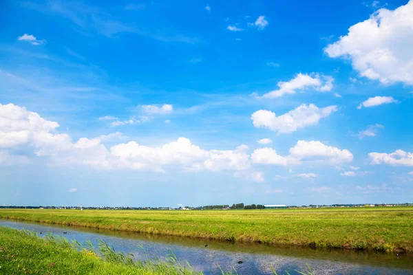 Prado, corriente de canal, cielo azul —  Fotos de Stock