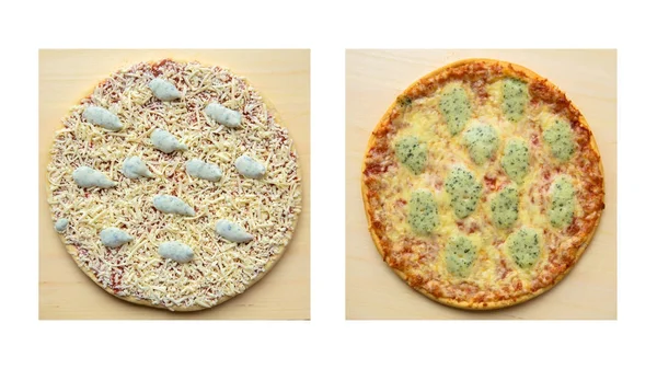 Frozen pizza "four cheeses" and baked pizza "four cheeses". — Stock Photo, Image