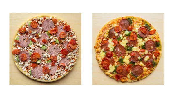 Frozen pizza "salami mozzarella pesto" and baked pizza "salami m — Stock Photo, Image