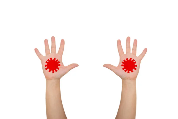 Hands Covid Palms Painted Red Symbol Coronavirus Covid Fight Coronavirus — Stock Photo, Image