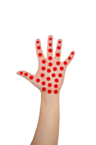 Hand Coronavirus Transmission Infection Concept Hand Painted Palm Red Paint — Stock Photo, Image