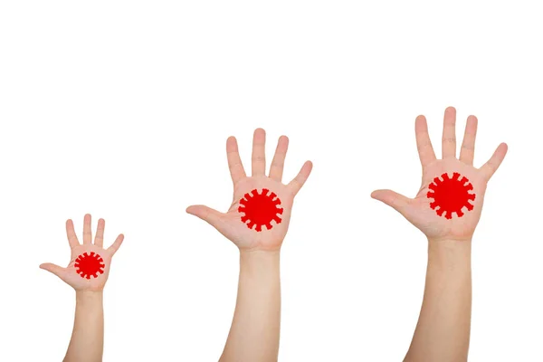 Сім Концепцією Коронавірусу Ковідо Три Руки Чоловіки Жінки Дитина Намальованими — стокове фото