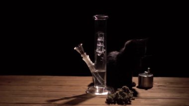 Siyah arkaplan ve siyah kedi yavaş hareket üzerinde marihuana ile nargile Sigara .