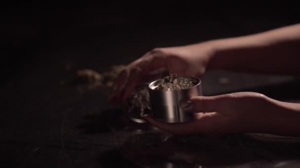 Slijpen kegels van marihuana met een grinder close-up. Wiet toppen en molen in slowmotion details — Stockvideo