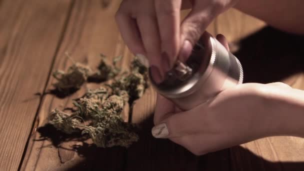 Slijpen kegels van marihuana met een grinder close-up. Wiet toppen en molen in slowmotion details — Stockvideo