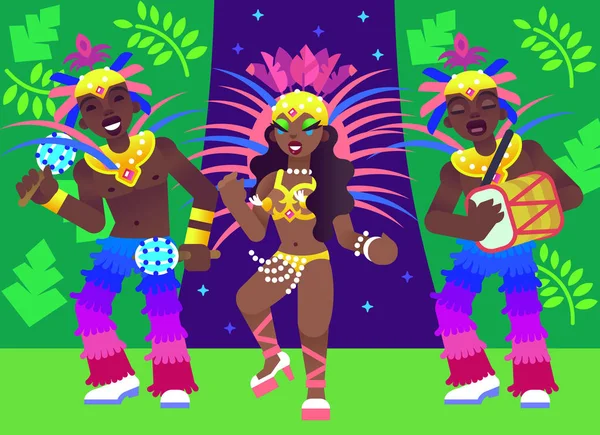 Les Brésiliens Jouent Musique Dansent Une Samba Dans Des Ostumes — Image vectorielle