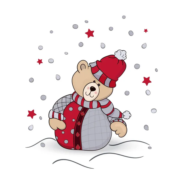 Teddy 'nin yeni yıl ayısı ve kar taneleri. Vektör illüstrasyonu — Stok Vektör
