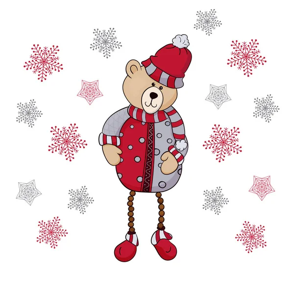 Brinquedo de urso de Ano Novo e flocos de neve. Ilustração vetorial —  Vetores de Stock