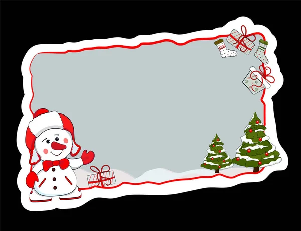 Yeni yıl tabelası, çerçeve, kardan adamla pankart, Noel ağaçları ve hediyeler — Stok Vektör
