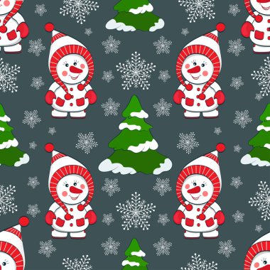 Komik kardan adam ve karlı Noel ağaçlarıyla kusursuz desen.