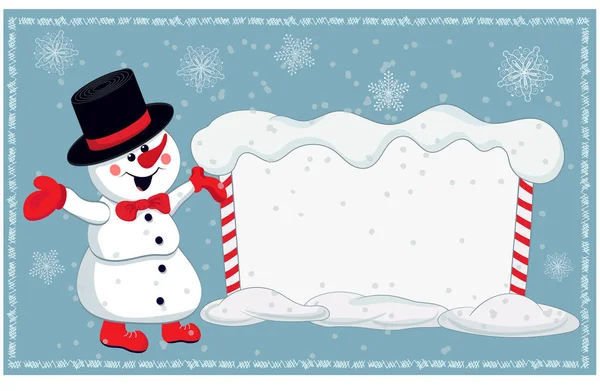 Noel kartı davetiye için ya da neşeli bir kardan adam ve karlı bir reklam panosuyla tebrik etmek için.. — Stok Vektör